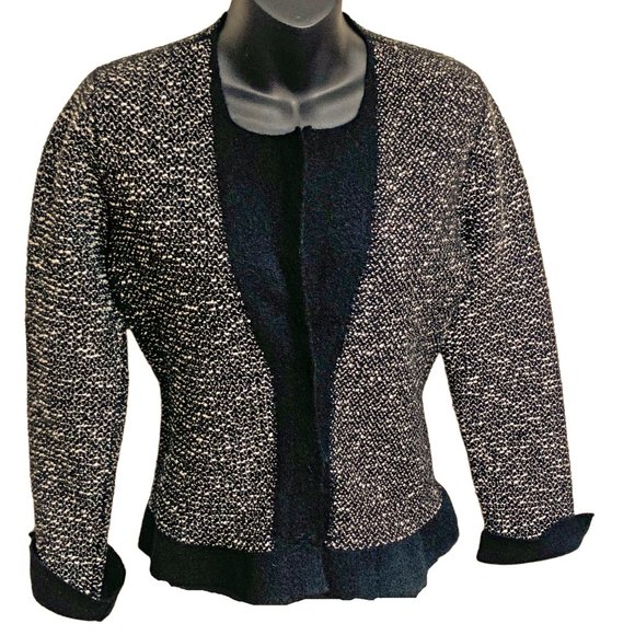 D. EXTERIOR Black White Metallic‎ Wool Blend Boucle Knit Cardigan - Picture 8 of 12